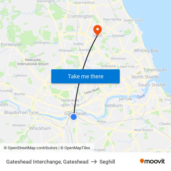 Gateshead Interchange, Gateshead to Seghill map