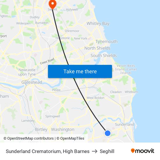 Sunderland Crematorium, High Barnes to Seghill map