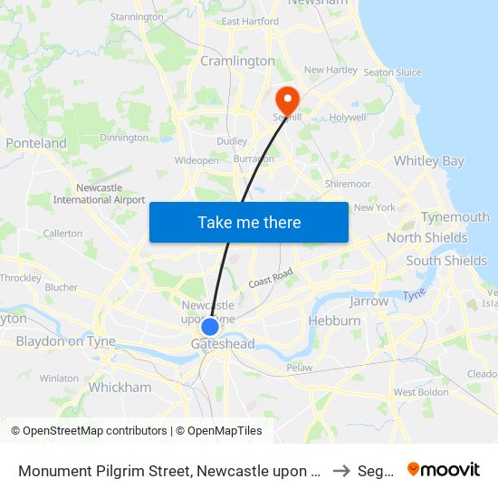 Monument Pilgrim Street, Newcastle upon Tyne to Seghill map