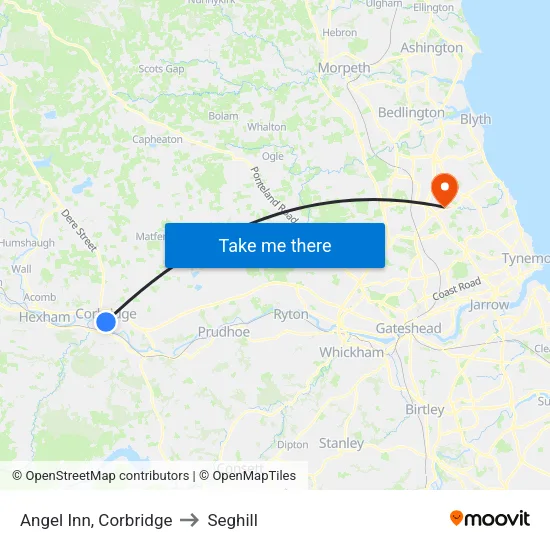 Angel Inn, Corbridge to Seghill map