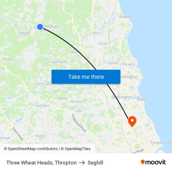Three Wheat Heads, Thropton to Seghill map