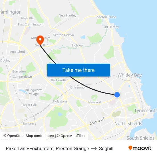Rake Lane-Foxhunters, Preston Grange to Seghill map