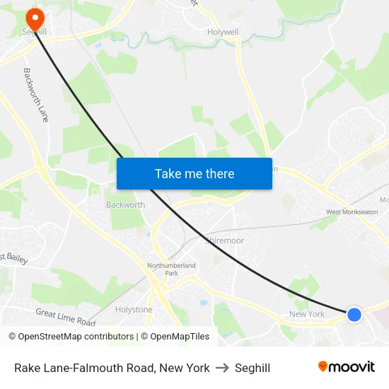 Rake Lane-Falmouth Road, New York to Seghill map