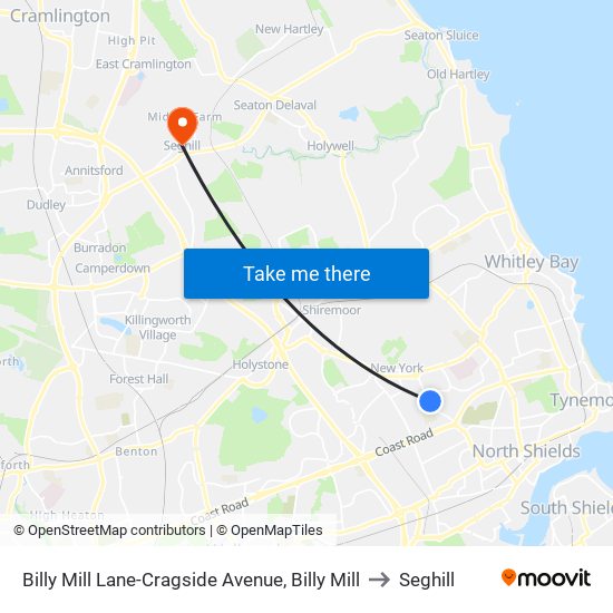 Billy Mill Lane-Cragside Avenue, Billy Mill to Seghill map