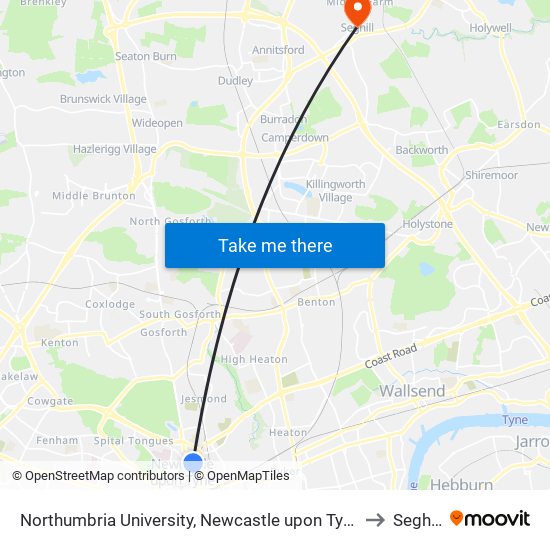 Northumbria University, Newcastle upon Tyne to Seghill map