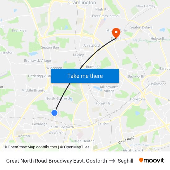 Great North Road-Broadway East, Gosforth to Seghill map