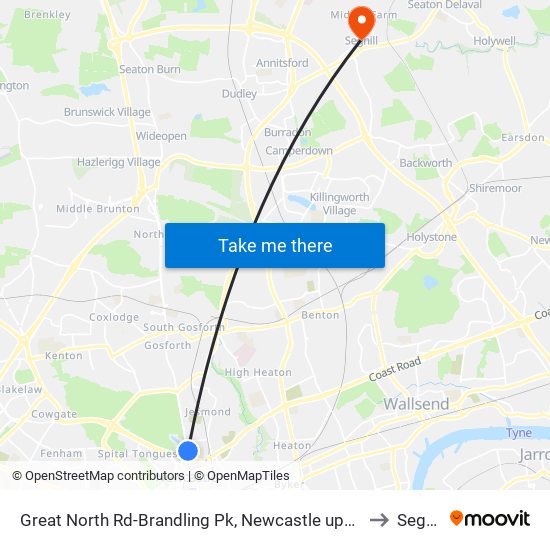 Great North Rd-Brandling Pk, Newcastle upon Tyne to Seghill map