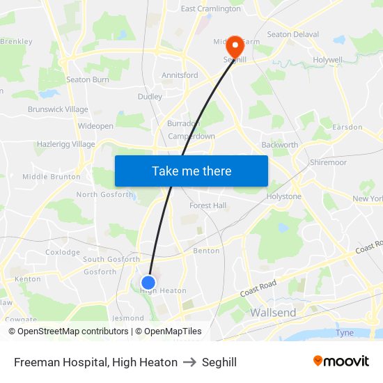 Freeman Hospital, High Heaton to Seghill map