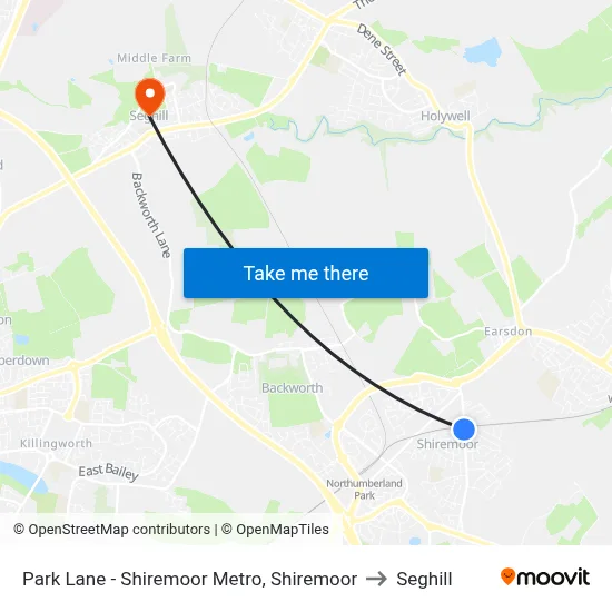 Park Lane - Shiremoor Metro, Shiremoor to Seghill map