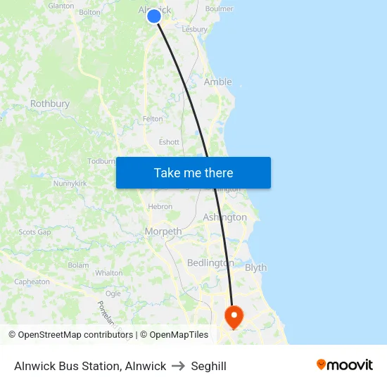 Alnwick Bus Station, Alnwick to Seghill map