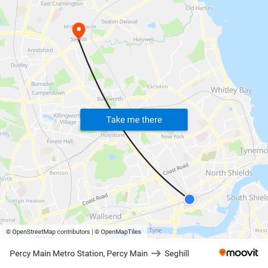 Percy Main Metro Station, Percy Main to Seghill map