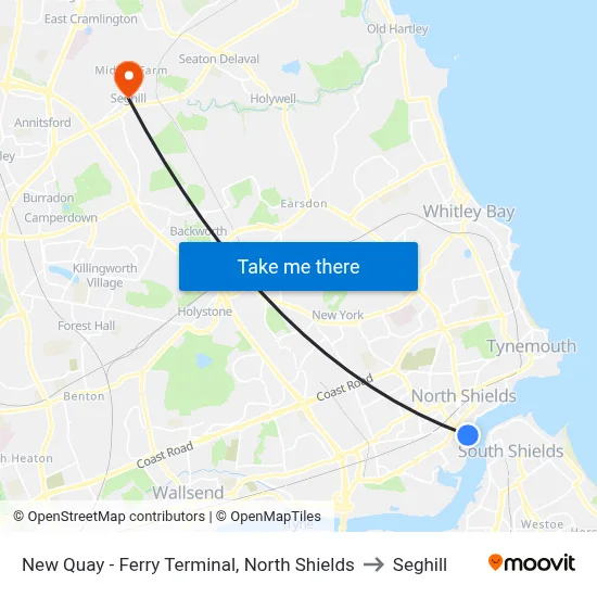 New Quay - Ferry Terminal, North Shields to Seghill map
