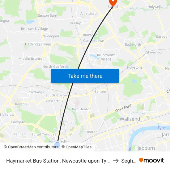 Haymarket Bus Station, Newcastle upon Tyne to Seghill map