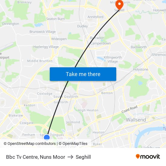 Bbc Tv Centre, Nuns Moor to Seghill map