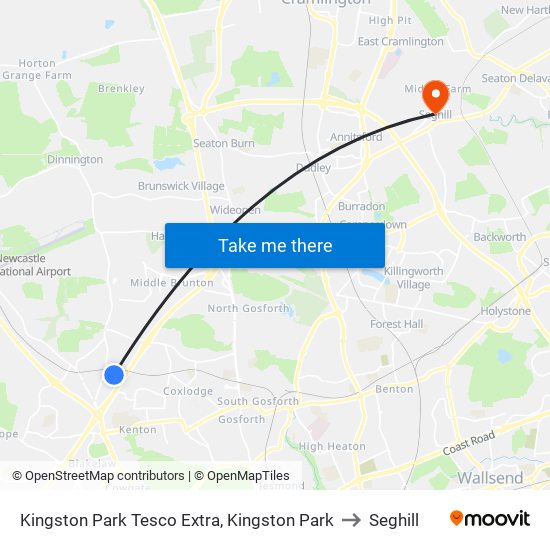 Kingston Park Tesco Extra, Kingston Park to Seghill map