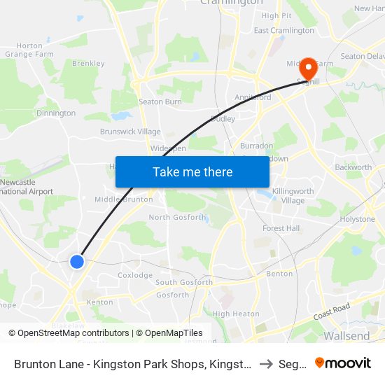 Brunton Lane - Kingston Park Shops, Kingston Park to Seghill map