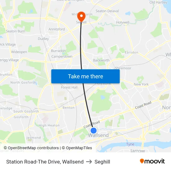 Station Road-The Drive, Wallsend to Seghill map