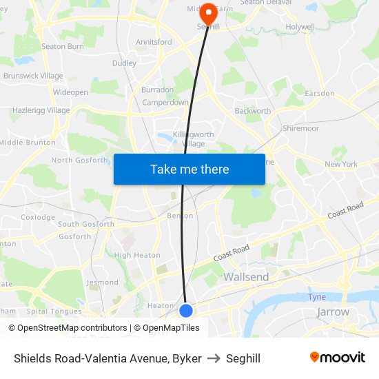 Shields Road-Valentia Avenue, Byker to Seghill map