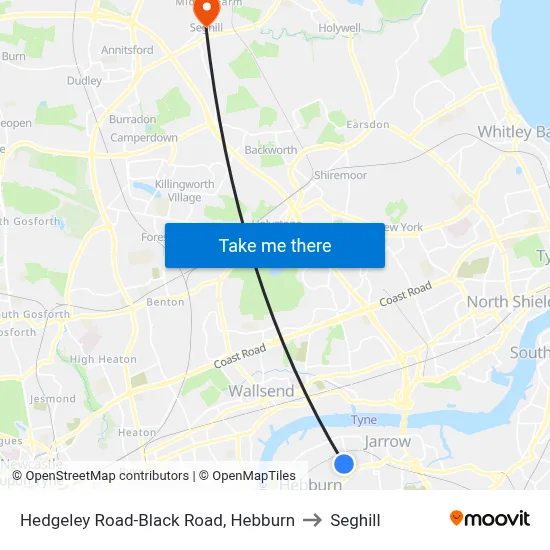 Hedgeley Road-Black Road, Hebburn to Seghill map