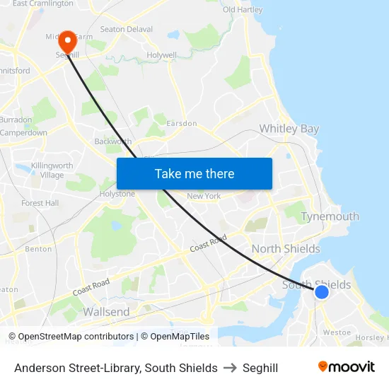 Anderson Street-Library, South Shields to Seghill map