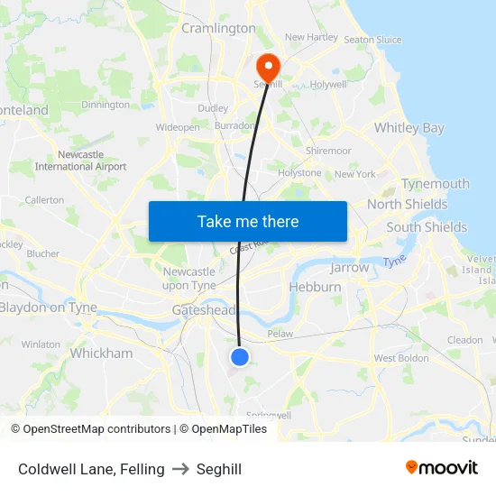 Coldwell Lane, Felling to Seghill map