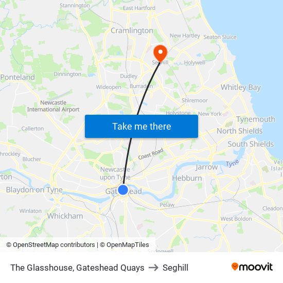 The Glasshouse, Gateshead Quays to Seghill map