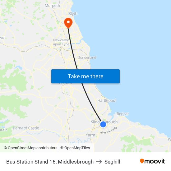 Bus Station Stand 16, Middlesbrough to Seghill map