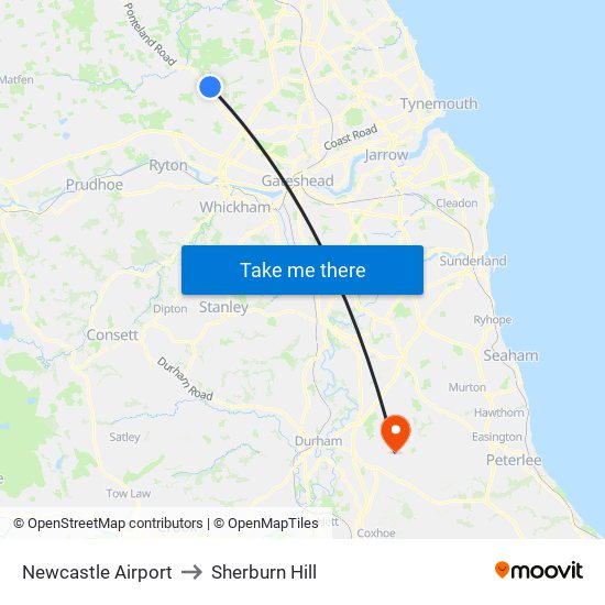 Newcastle Airport to Sherburn Hill map