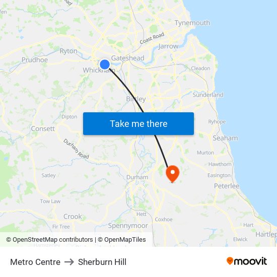 Metro Centre to Sherburn Hill map