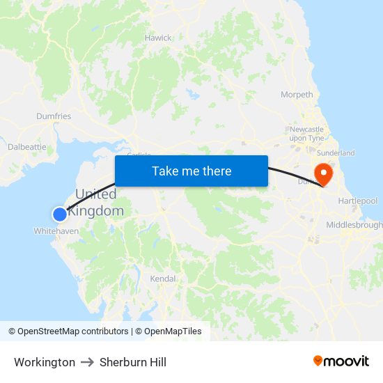 Workington to Sherburn Hill map