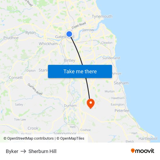 Byker to Sherburn Hill map