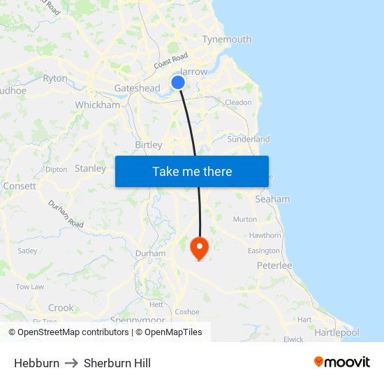 Hebburn to Sherburn Hill map