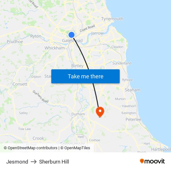 Jesmond to Sherburn Hill map