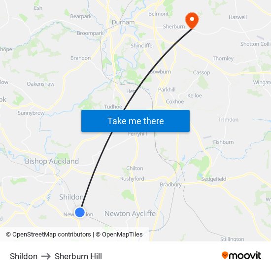 Shildon to Sherburn Hill map