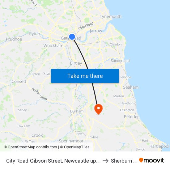 City Road-Gibson Street, Newcastle upon Tyne to Sherburn Hill map