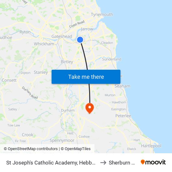 St Joseph's Catholic Academy, Hebburn to Sherburn Hill map