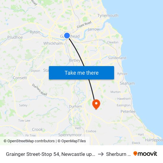 Grainger Street-Stop 54, Newcastle upon Tyne to Sherburn Hill map