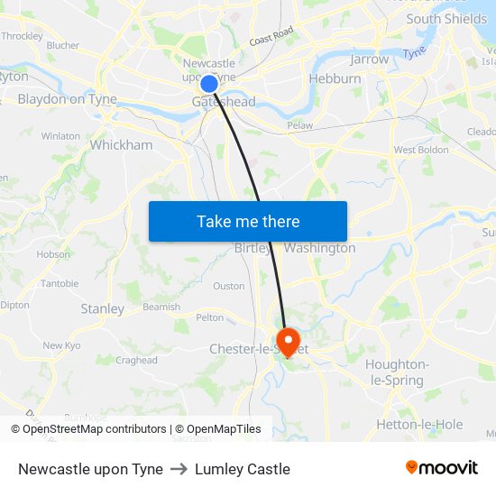 Newcastle upon Tyne to Lumley Castle map