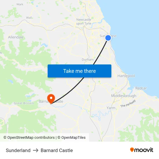 Sunderland to Barnard Castle map