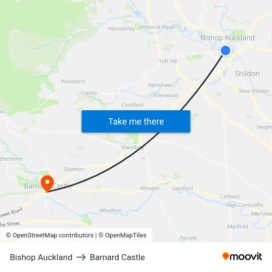 Bishop Auckland to Barnard Castle map