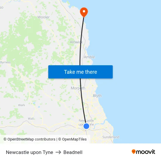 Newcastle upon Tyne to Beadnell map