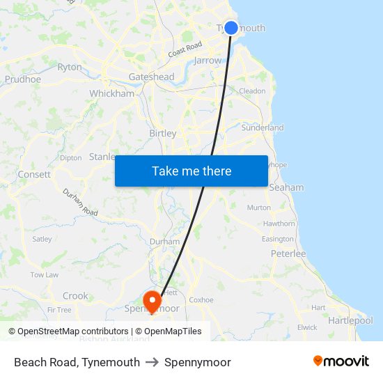 Beach Road, Tynemouth to Spennymoor map