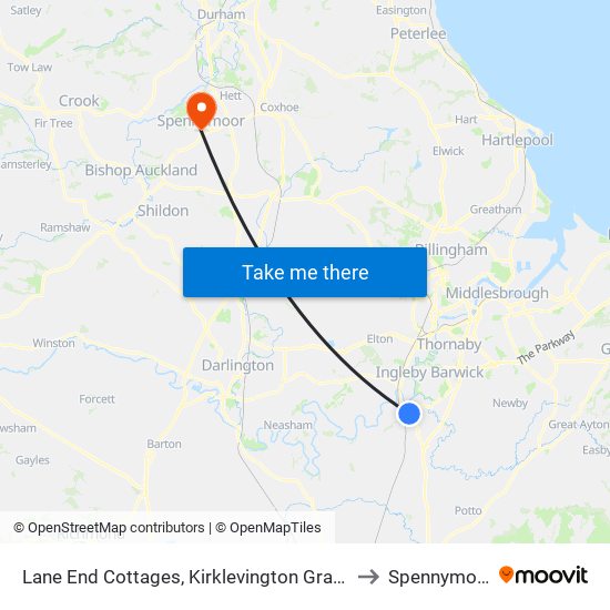 Lane End Cottages, Kirklevington Grange to Spennymoor map