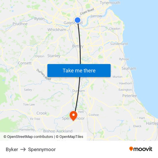 Byker to Spennymoor map