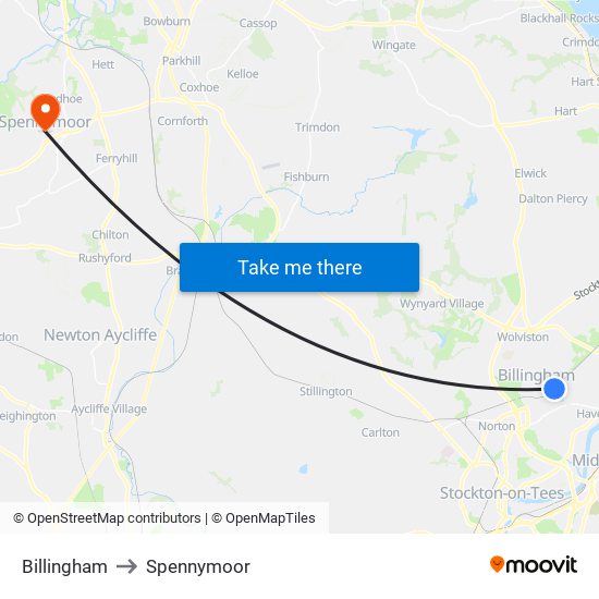 Billingham to Spennymoor map