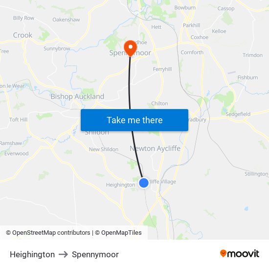 Heighington to Spennymoor map