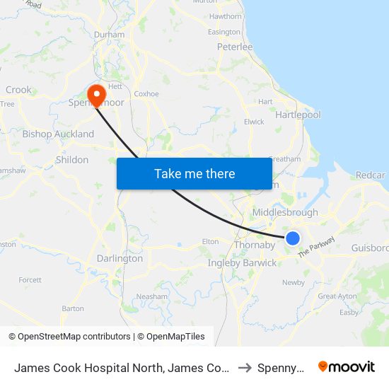 James Cook Hospital North, James Cook Hospital to Spennymoor map