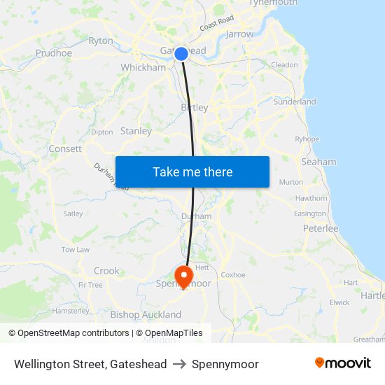 Wellington Street, Gateshead to Spennymoor map