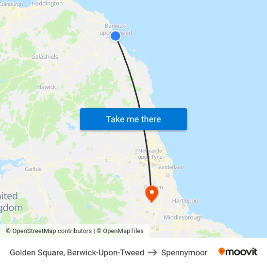 Golden Square, Berwick-Upon-Tweed to Spennymoor map