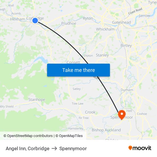 Angel Inn, Corbridge to Spennymoor map